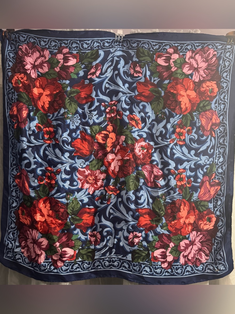 Floral Navy Silk Scarf With Red Roses